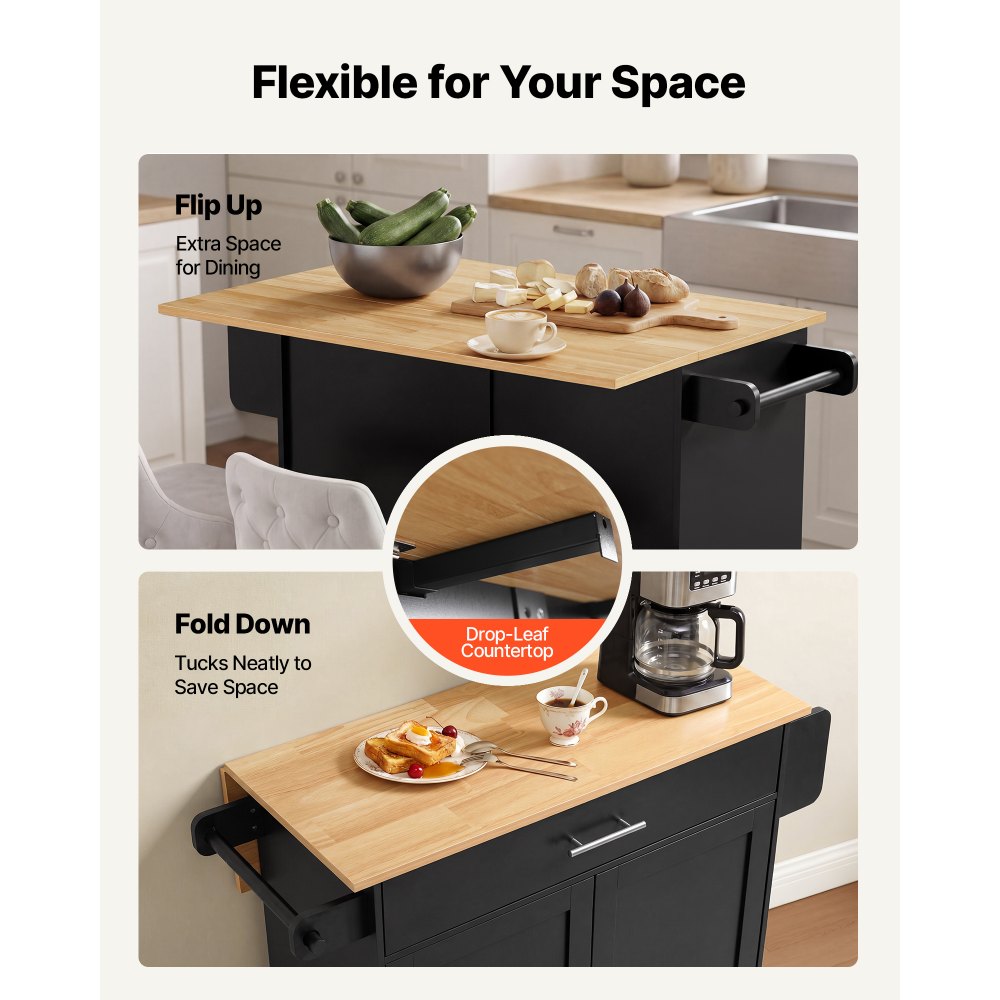 VEVOR Kitchen Island Cart with Storage, 42.28 in Wide Mobile Rolling Storage Island on Swivel Wheels, with Drawer, Storage Cabinet, Drop Leaf, Spice Rack, Table for Home Dining Room, Black