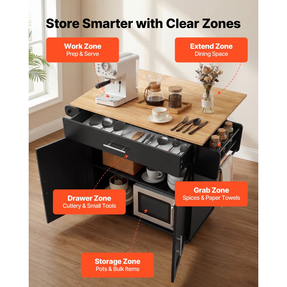 VEVOR Kitchen Island Cart with Storage, 42.28 in Wide Mobile Rolling Storage Island on Swivel Wheels, with Drawer, Storage Cabinet, Drop Leaf, Spice Rack, Table for Home Dining Room, Black