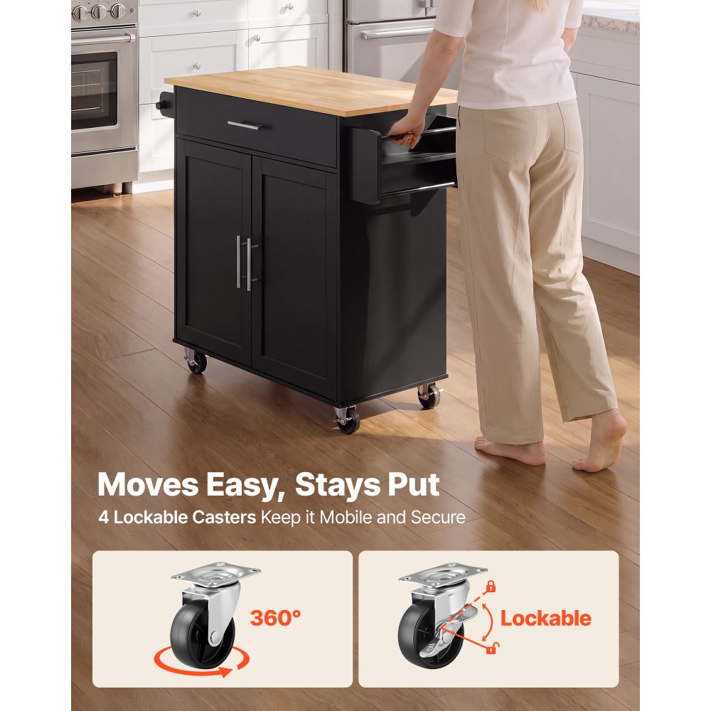 VEVOR Kitchen Island Cart with Storage, 42.28 in Wide Mobile Rolling Storage Island on Swivel Wheels, with Drawer, Storage Cabinet, Drop Leaf, Spice Rack, Table for Home Dining Room, Black