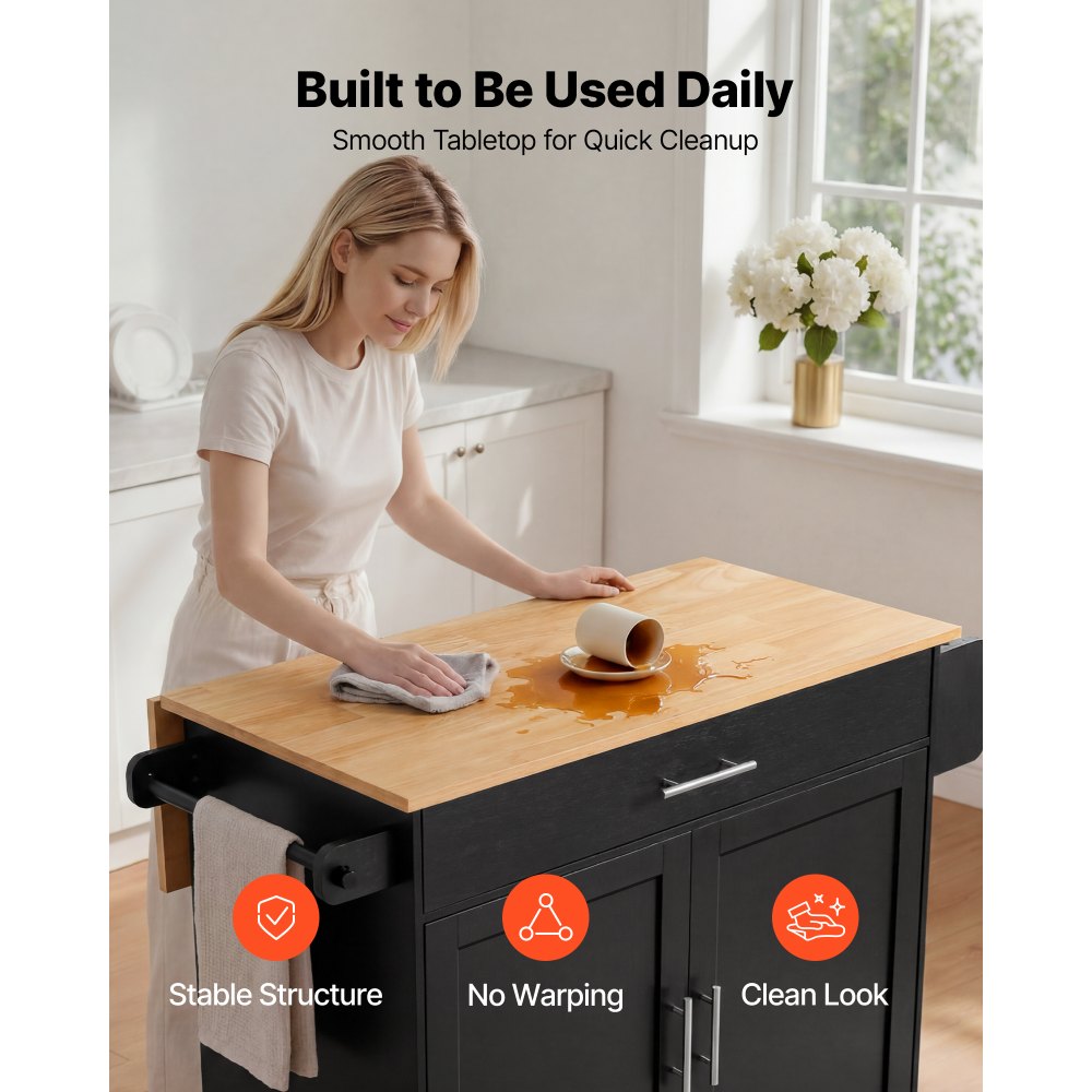 VEVOR Kitchen Island Cart with Storage, 42.28 in Wide Mobile Rolling Storage Island on Swivel Wheels, with Drawer, Storage Cabinet, Drop Leaf, Spice Rack, Table for Home Dining Room, Black
