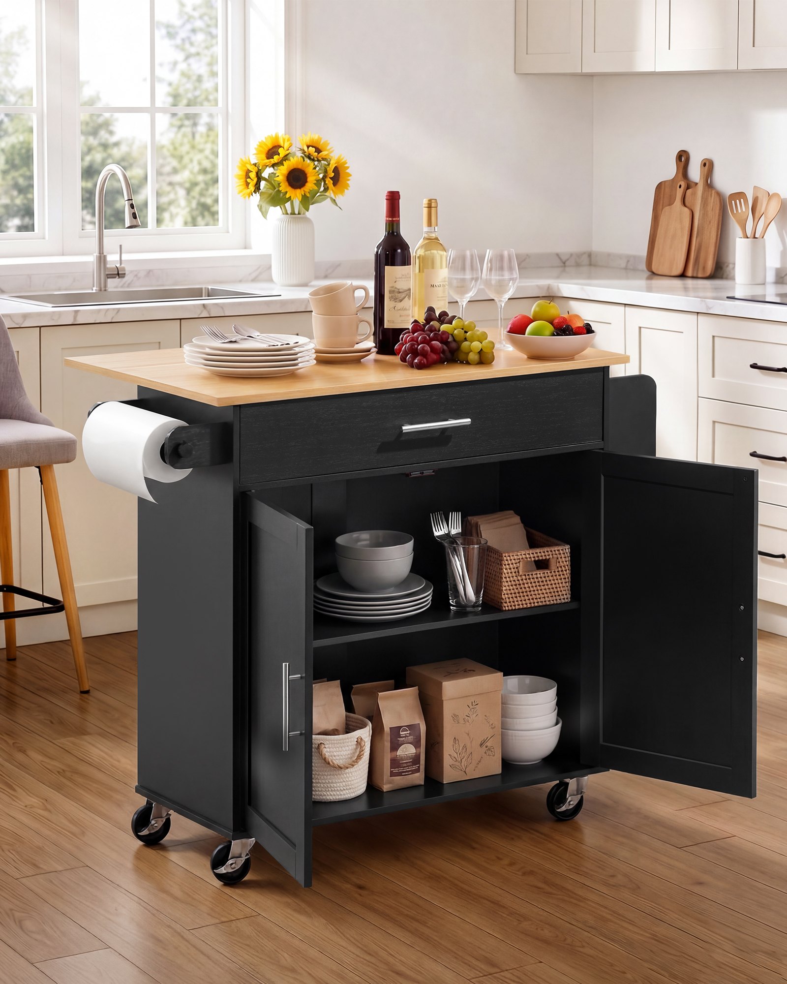 VEVOR Kitchen Island Cart with Storage, 42.28 in Wide Mobile Rolling Storage Island on Swivel Wheels, with Drawer, Storage Cabinet, Drop Leaf, Spice Rack, Table for Home Dining Room, Black