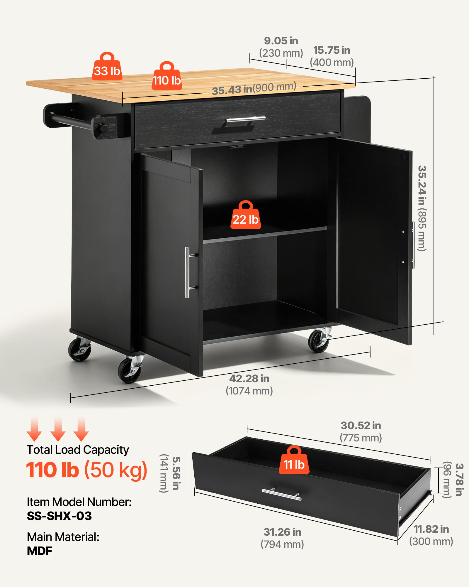 VEVOR Kitchen Island Cart with Storage, 42.28 in Wide Mobile Rolling Storage Island on Swivel Wheels, with Drawer, Storage Cabinet, Drop Leaf, Spice Rack, Table for Home Dining Room, Black