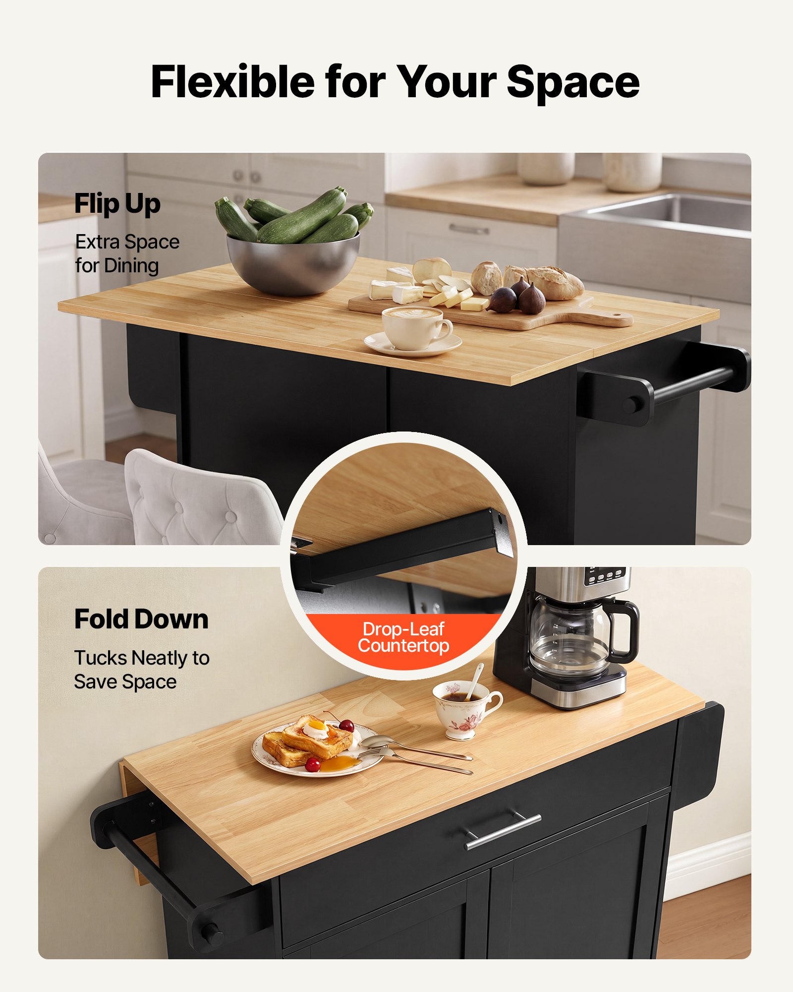 VEVOR Kitchen Island Cart with Storage, 42.28 in Wide Mobile Rolling Storage Island on Swivel Wheels, with Drawer, Storage Cabinet, Drop Leaf, Spice Rack, Table for Home Dining Room, Black