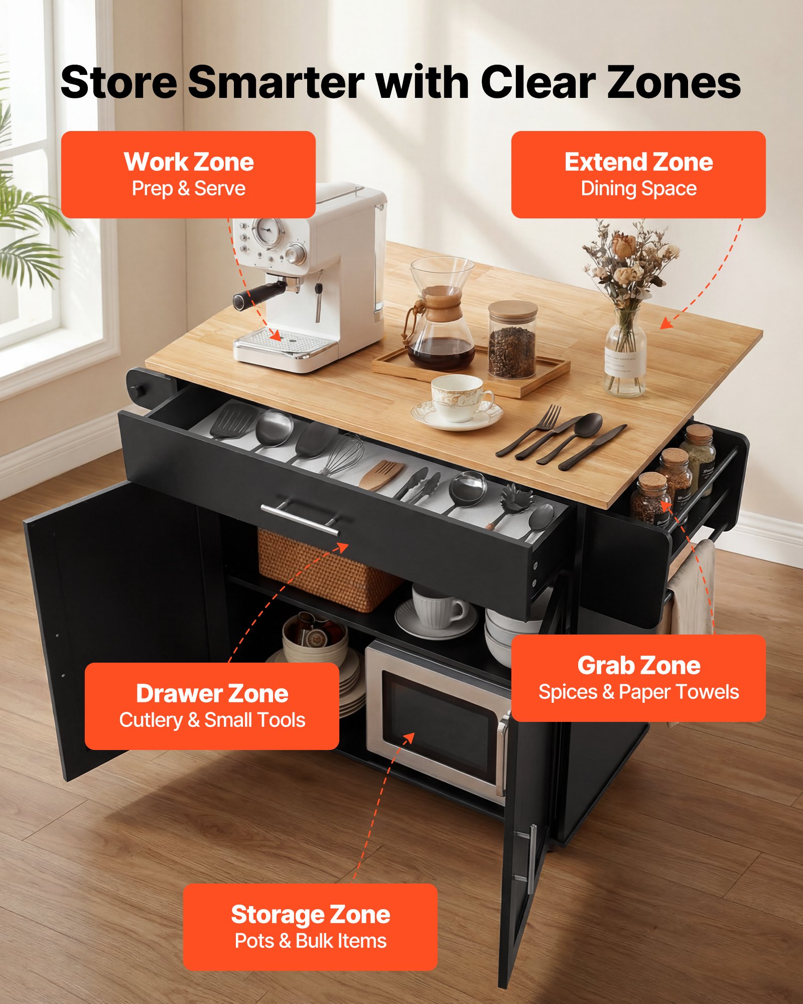 VEVOR Kitchen Island Cart with Storage, 42.28 in Wide Mobile Rolling Storage Island on Swivel Wheels, with Drawer, Storage Cabinet, Drop Leaf, Spice Rack, Table for Home Dining Room, Black