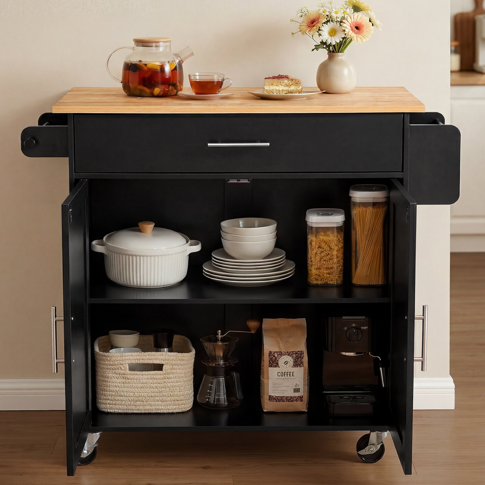 VEVOR Kitchen Island Cart with Storage, 42.28 in Wide Mobile Rolling Storage Island on Swivel Wheels, with Drawer, Storage Cabinet, Drop Leaf, Spice Rack, Table for Home Dining Room, Black
