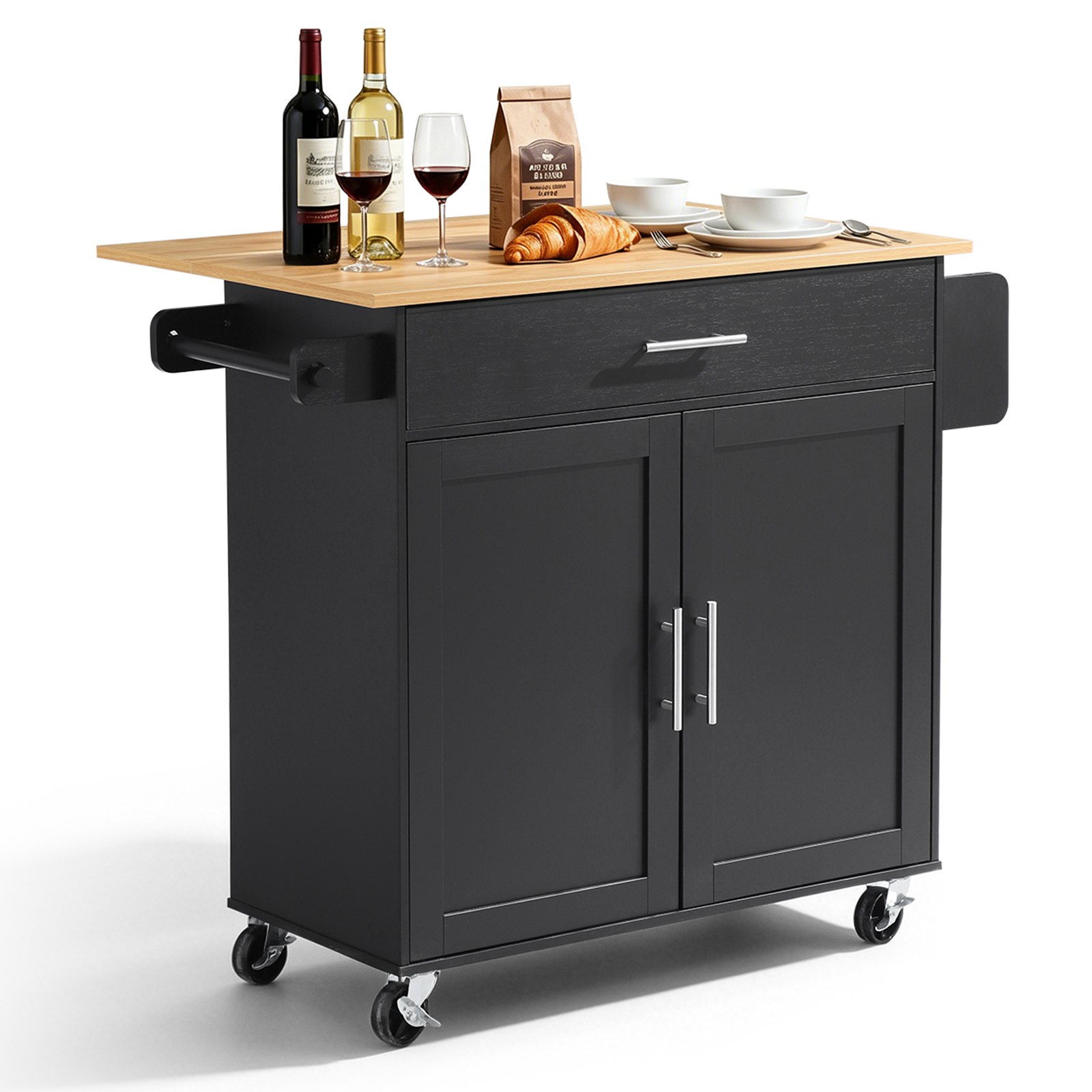 VEVOR Kitchen Island Cart with Storage, 42.28 in Wide Mobile Rolling Storage Island on Swivel Wheels, with Drawer, Storage Cabinet, Drop Leaf, Spice Rack, Table for Home Dining Room, Black