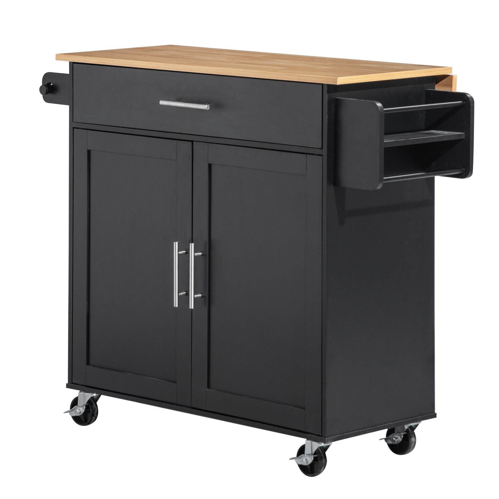 VEVOR Kitchen Island Cart with Storage, 42.28 in Wide Mobile Rolling Storage Island on Swivel Wheels, with Drawer, Storage Cabinet, Drop Leaf, Spice Rack, Table for Home Dining Room, Black