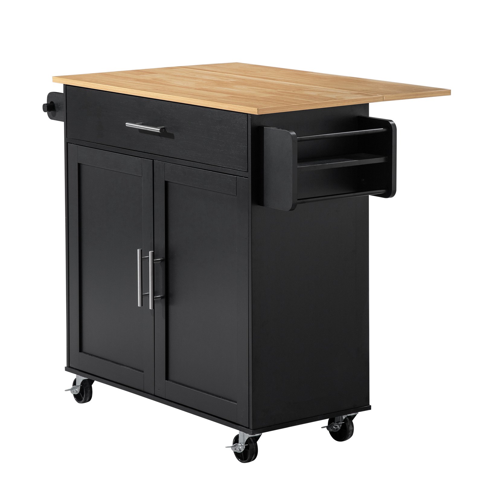 VEVOR Kitchen Island Cart with Storage, 42.28 in Wide Mobile Rolling Storage Island on Swivel Wheels, with Drawer, Storage Cabinet, Drop Leaf, Spice Rack, Table for Home Dining Room, Black