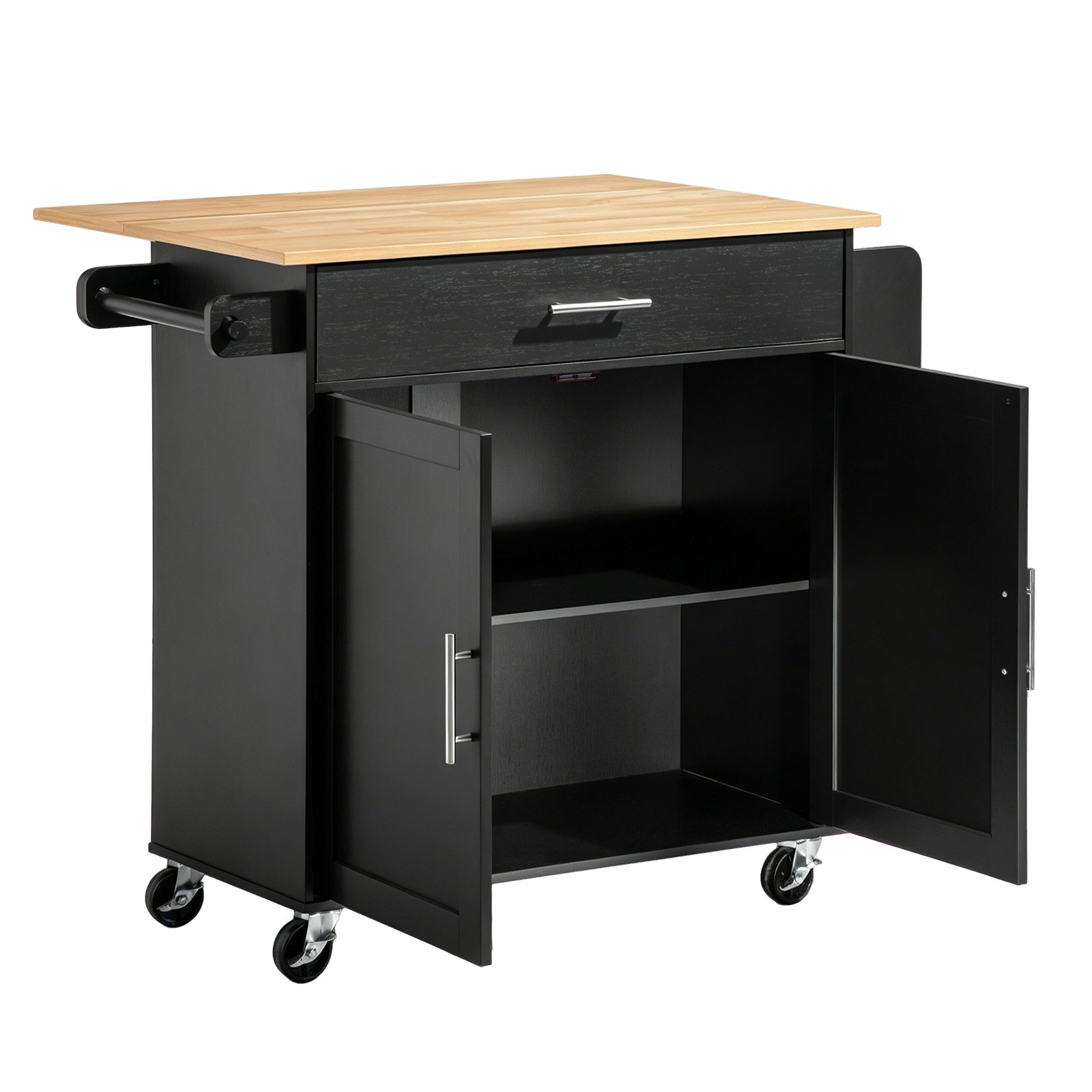 VEVOR Kitchen Island Cart with Storage, 42.28 in Wide Mobile Rolling Storage Island on Swivel Wheels, with Drawer, Storage Cabinet, Drop Leaf, Spice Rack, Table for Home Dining Room, Black
