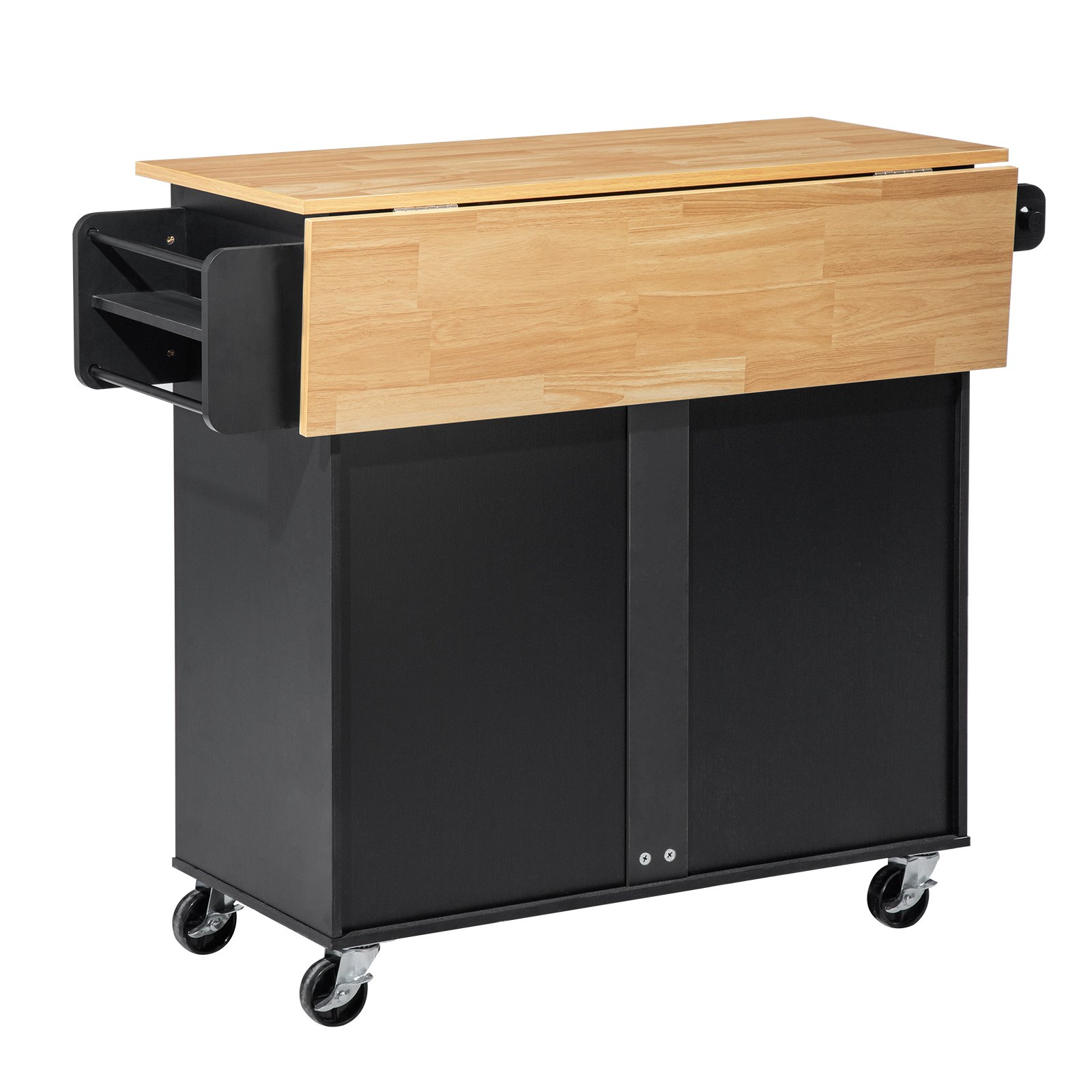 VEVOR Kitchen Island Cart with Storage, 42.28 in Wide Mobile Rolling Storage Island on Swivel Wheels, with Drawer, Storage Cabinet, Drop Leaf, Spice Rack, Table for Home Dining Room, Black