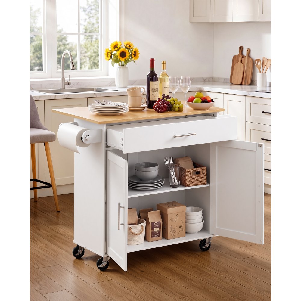 VEVOR Kitchen Island Cart with Storage, 42.28 in Wide Mobile Rolling Storage Island on Swivel Wheels, with Drawer, Storage Cabinet, Drop Leaf, Spice Rack, Table for Home Dining Room, White