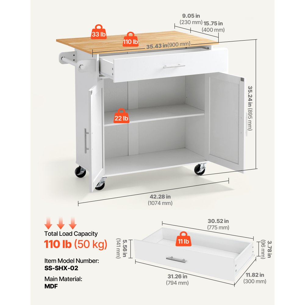 VEVOR Kitchen Island Cart with Storage, 42.28 in Wide Mobile Rolling Storage Island on Swivel Wheels, with Drawer, Storage Cabinet, Drop Leaf, Spice Rack, Table for Home Dining Room, White