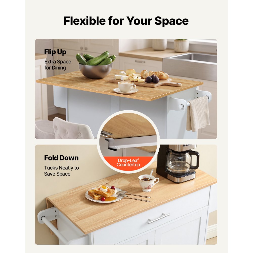 VEVOR Kitchen Island Cart with Storage, 42.28 in Wide Mobile Rolling Storage Island on Swivel Wheels, with Drawer, Storage Cabinet, Drop Leaf, Spice Rack, Table for Home Dining Room, White