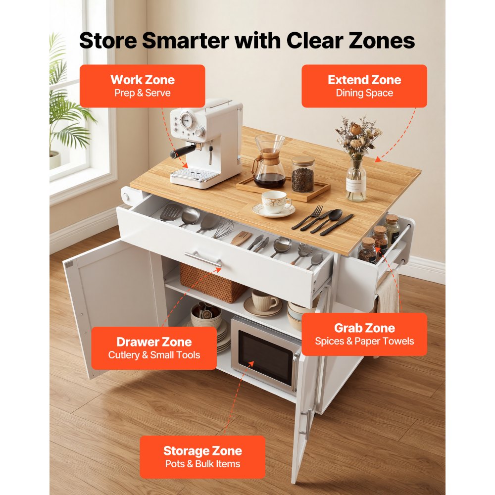 VEVOR Kitchen Island Cart with Storage, 42.28 in Wide Mobile Rolling Storage Island on Swivel Wheels, with Drawer, Storage Cabinet, Drop Leaf, Spice Rack, Table for Home Dining Room, White