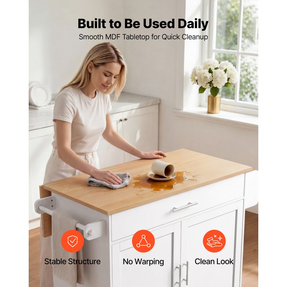 VEVOR Kitchen Island Cart with Storage, 42.28 in Wide Mobile Rolling Storage Island on Swivel Wheels, with Drawer, Storage Cabinet, Drop Leaf, Spice Rack, Table for Home Dining Room, White