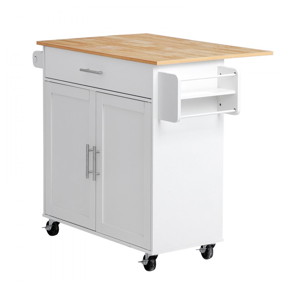 VEVOR Kitchen Island Cart with Storage, 42.28 in Wide Mobile Rolling Storage Island on Swivel Wheels, with Drawer, Storage Cabinet, Drop Leaf, Spice Rack, Table for Home Dining Room, White