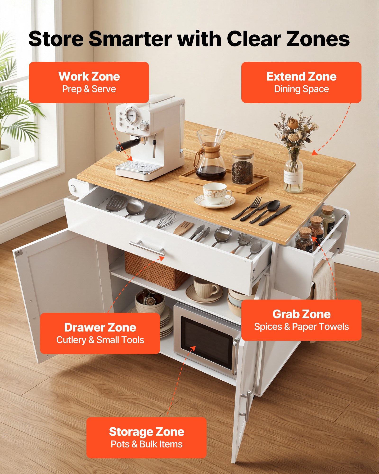 VEVOR Kitchen Island Cart with Storage, 42.28 in Wide Mobile Rolling Storage Island on Swivel Wheels, with Drawer, Storage Cabinet, Drop Leaf, Spice Rack, Table for Home Dining Room, White