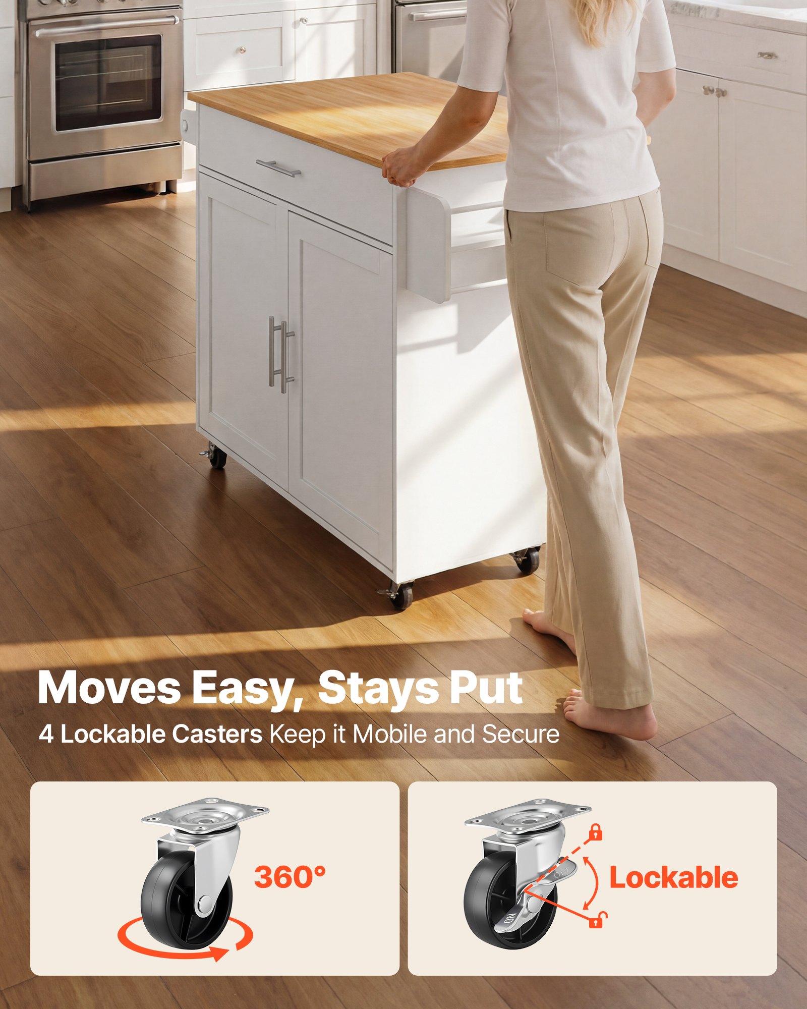 VEVOR Kitchen Island Cart with Storage, 42.28 in Wide Mobile Rolling Storage Island on Swivel Wheels, with Drawer, Storage Cabinet, Drop Leaf, Spice Rack, Table for Home Dining Room, White