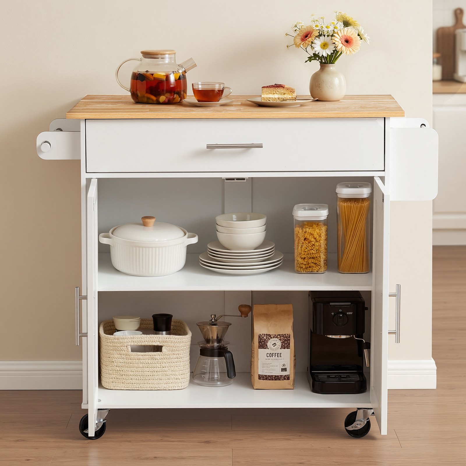 VEVOR Kitchen Island Cart with Storage, 42.28 in Wide Mobile Rolling Storage Island on Swivel Wheels, with Drawer, Storage Cabinet, Drop Leaf, Spice Rack, Table for Home Dining Room, White