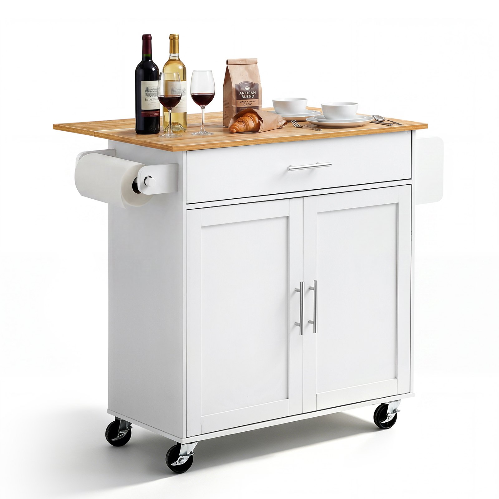 VEVOR Kitchen Island Cart with Storage, 42.28 in Wide Mobile Rolling Storage Island on Swivel Wheels, with Drawer, Storage Cabinet, Drop Leaf, Spice Rack, Table for Home Dining Room, White