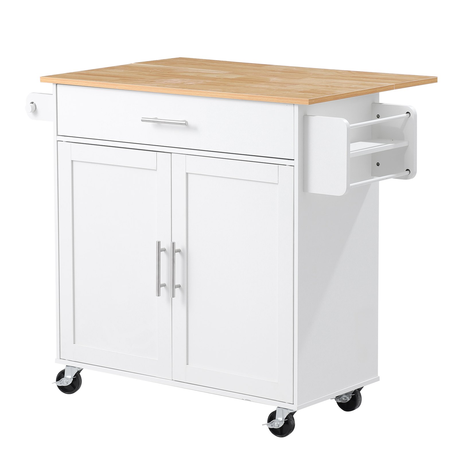VEVOR Kitchen Island Cart with Storage, 42.28 in Wide Mobile Rolling Storage Island on Swivel Wheels, with Drawer, Storage Cabinet, Drop Leaf, Spice Rack, Table for Home Dining Room, White