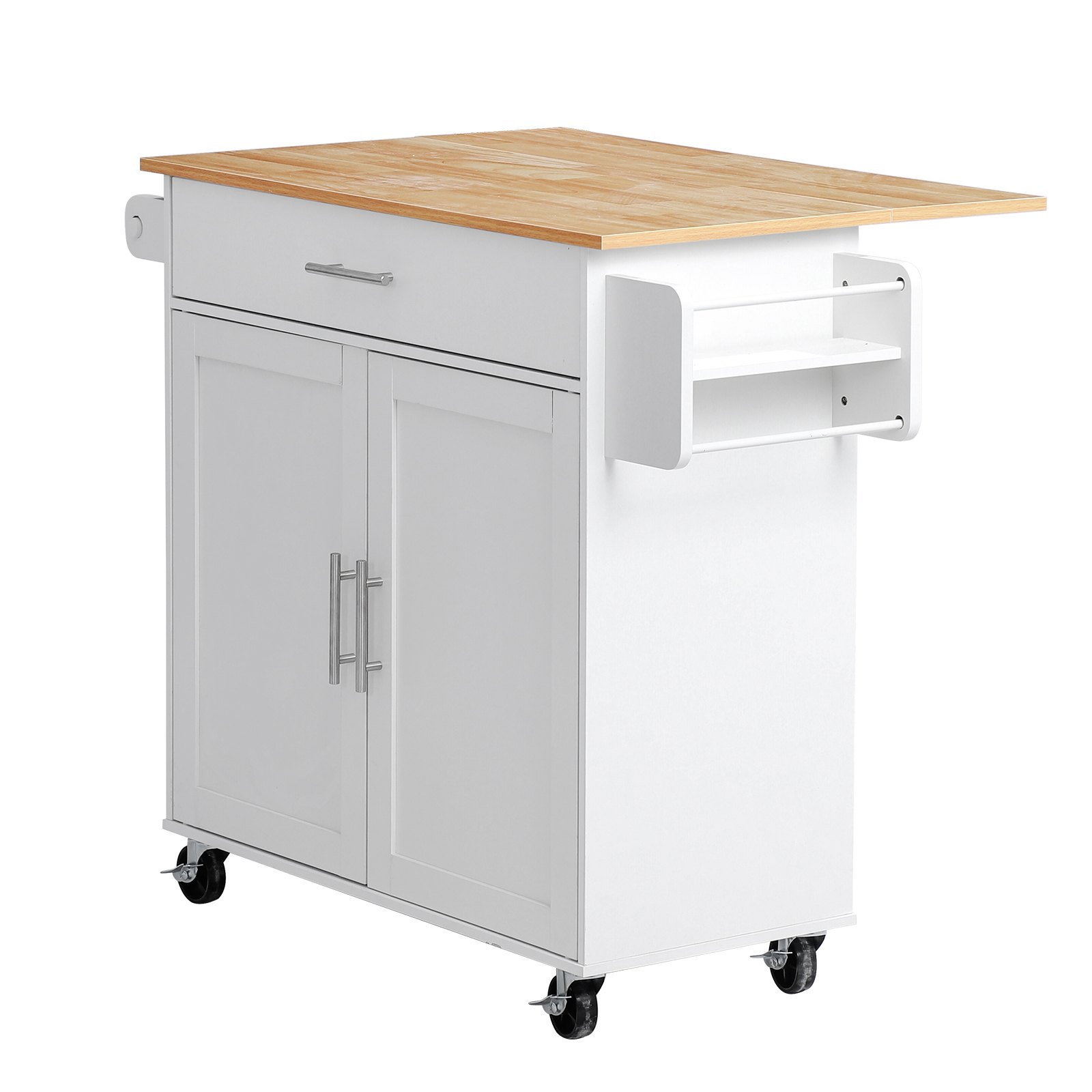 VEVOR Kitchen Island Cart with Storage, 42.28 in Wide Mobile Rolling Storage Island on Swivel Wheels, with Drawer, Storage Cabinet, Drop Leaf, Spice Rack, Table for Home Dining Room, White