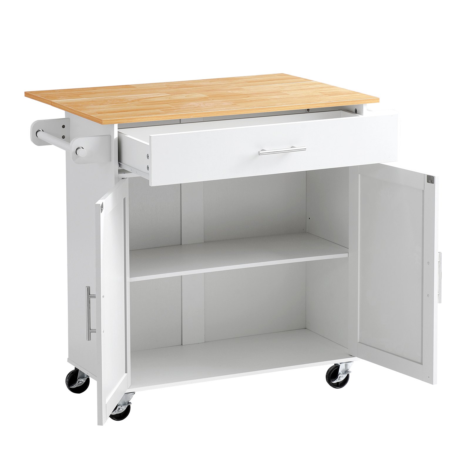 VEVOR Kitchen Island Cart with Storage, 42.28 in Wide Mobile Rolling Storage Island on Swivel Wheels, with Drawer, Storage Cabinet, Drop Leaf, Spice Rack, Table for Home Dining Room, White
