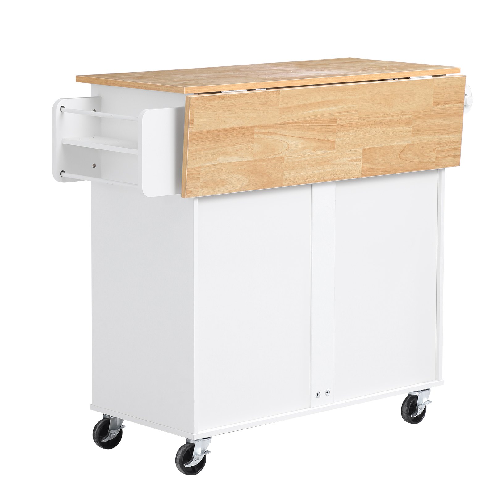 VEVOR Kitchen Island Cart with Storage, 42.28 in Wide Mobile Rolling Storage Island on Swivel Wheels, with Drawer, Storage Cabinet, Drop Leaf, Spice Rack, Table for Home Dining Room, White