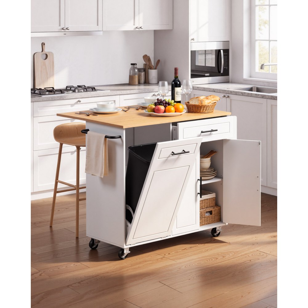VEVOR Kitchen Island Cart with Storage, 46.06 in Wide Mobile Rolling Storage Island on Swivel Wheels, with Drawer, Storage Cabinet, Drop Leaf, Spice/Towel Rack, Table for Home Dining Room, White