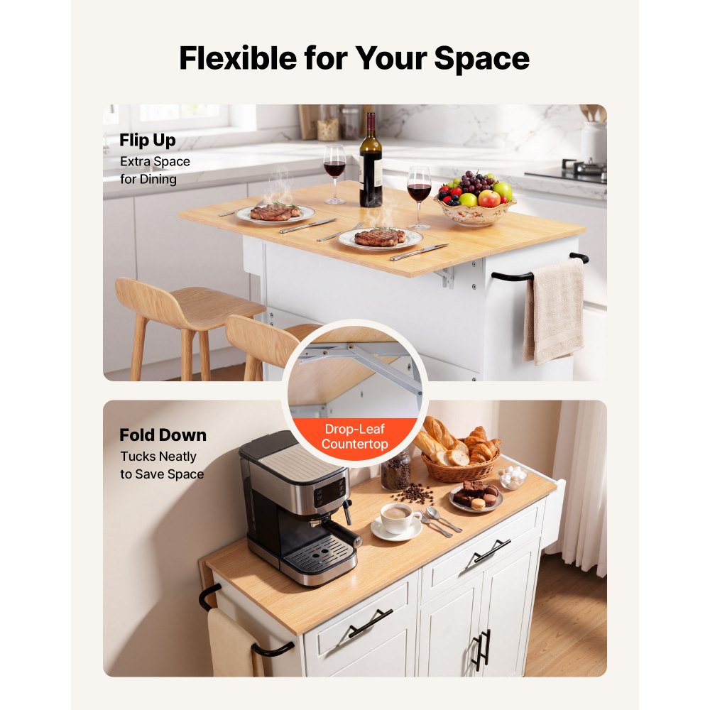 VEVOR Kitchen Island Cart with Storage, 46.06 in Wide Mobile Rolling Storage Island on Swivel Wheels, with Drawer, Storage Cabinet, Drop Leaf, Spice/Towel Rack, Table for Home Dining Room, White