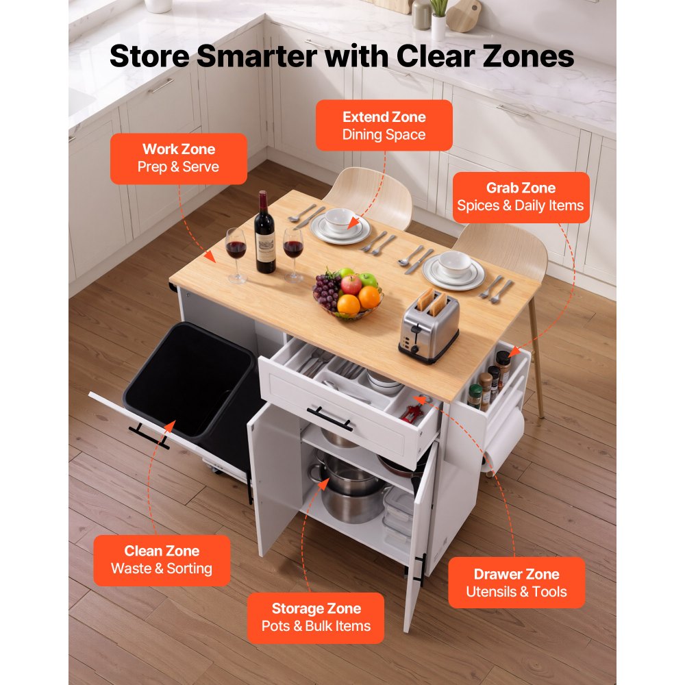 VEVOR Kitchen Island Cart with Storage, 46.06 in Wide Mobile Rolling Storage Island on Swivel Wheels, with Drawer, Storage Cabinet, Drop Leaf, Spice/Towel Rack, Table for Home Dining Room, White