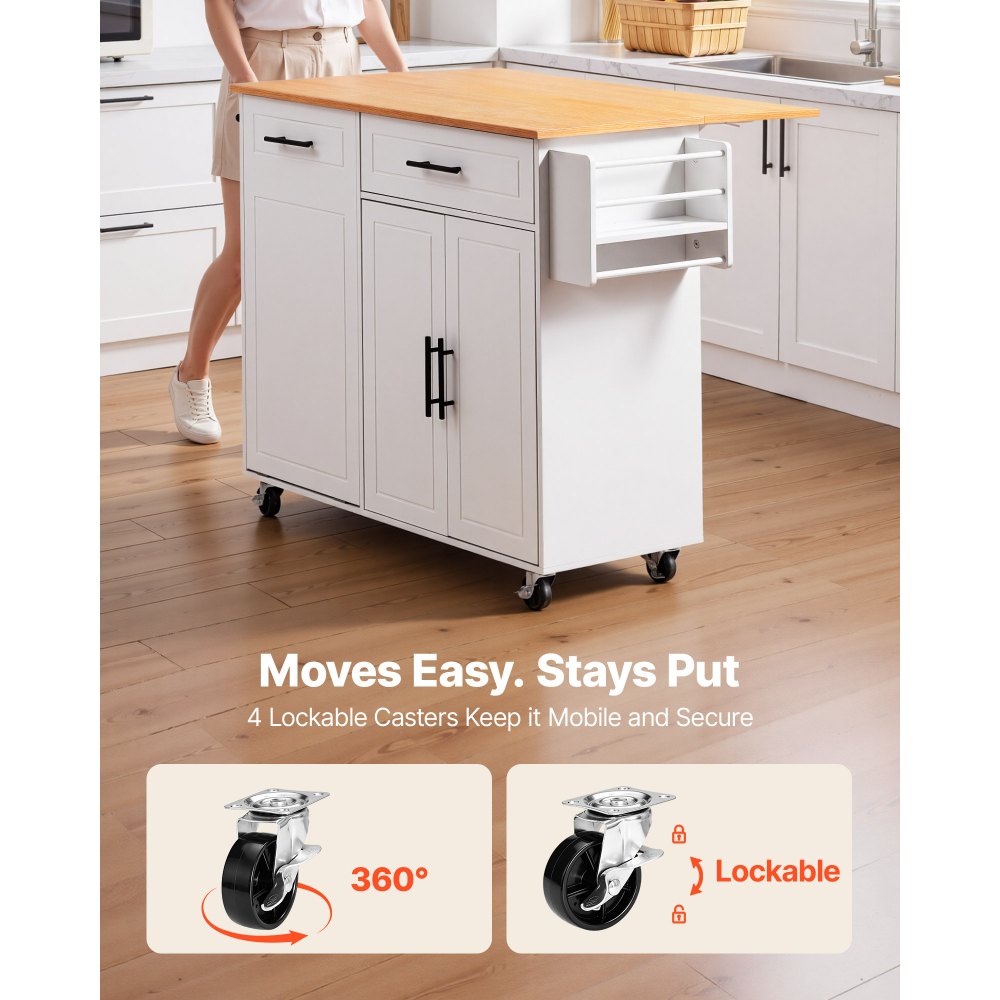 VEVOR Kitchen Island Cart with Storage, 46.06 in Wide Mobile Rolling Storage Island on Swivel Wheels, with Drawer, Storage Cabinet, Drop Leaf, Spice/Towel Rack, Table for Home Dining Room, White