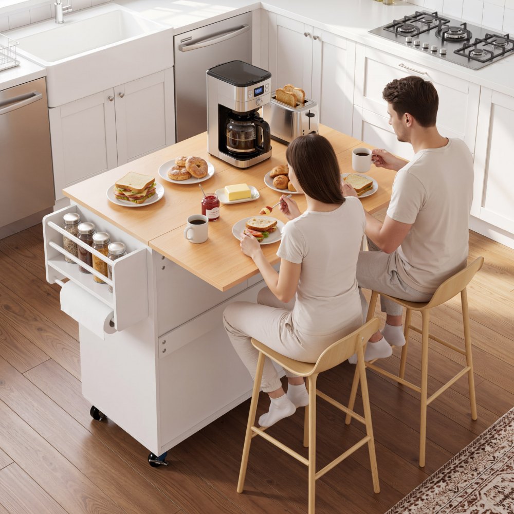 VEVOR Kitchen Island Cart with Storage, 46.06 in Wide Mobile Rolling Storage Island on Swivel Wheels, with Drawer, Storage Cabinet, Drop Leaf, Spice/Towel Rack, Table for Home Dining Room, White