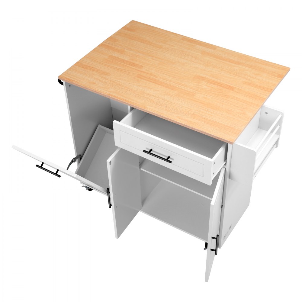 VEVOR Kitchen Island Cart with Storage, 46.06 in Wide Mobile Rolling Storage Island on Swivel Wheels, with Drawer, Storage Cabinet, Drop Leaf, Spice/Towel Rack, Table for Home Dining Room, White