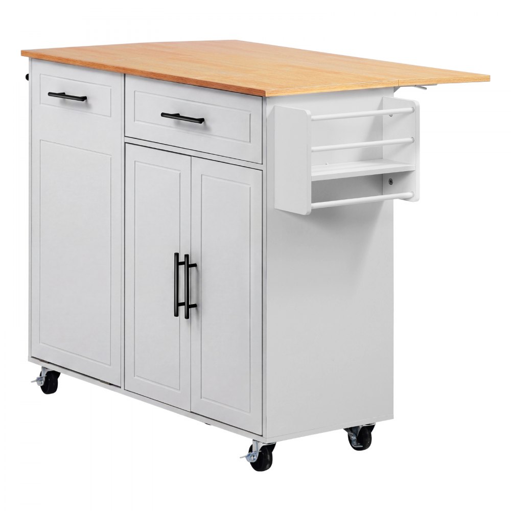 VEVOR Kitchen Island Cart with Storage, 46.06 in Wide Mobile Rolling Storage Island on Swivel Wheels, with Drawer, Storage Cabinet, Drop Leaf, Spice/Towel Rack, Table for Home Dining Room, White