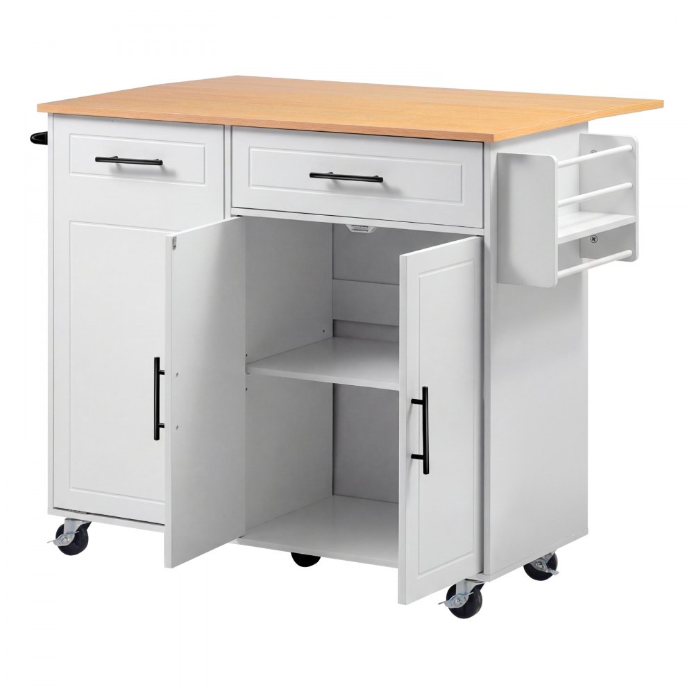 VEVOR Kitchen Island Cart with Storage, 46.06 in Wide Mobile Rolling Storage Island on Swivel Wheels, with Drawer, Storage Cabinet, Drop Leaf, Spice/Towel Rack, Table for Home Dining Room, White