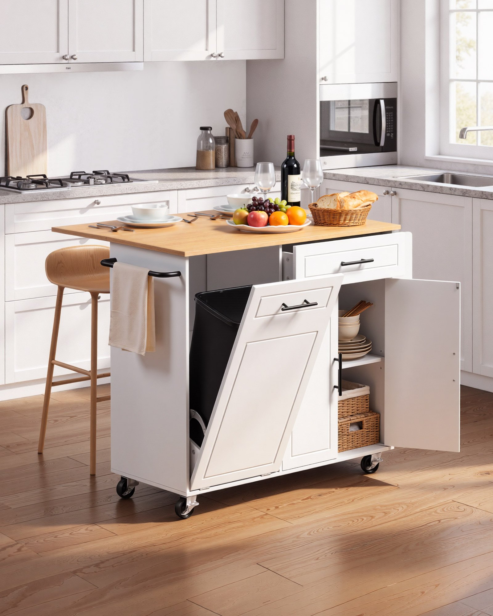 VEVOR Kitchen Island Cart with Storage, 46.06 in Wide Mobile Rolling Storage Island on Swivel Wheels, with Drawer, Storage Cabinet, Drop Leaf, Spice/Towel Rack, Table for Home Dining Room, White