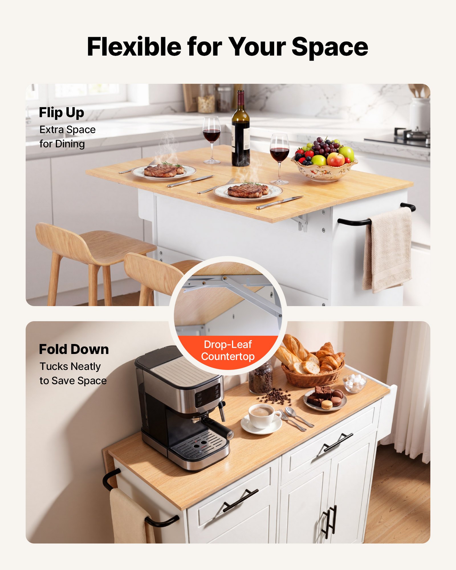 VEVOR Kitchen Island Cart with Storage, 46.06 in Wide Mobile Rolling Storage Island on Swivel Wheels, with Drawer, Storage Cabinet, Drop Leaf, Spice/Towel Rack, Table for Home Dining Room, White