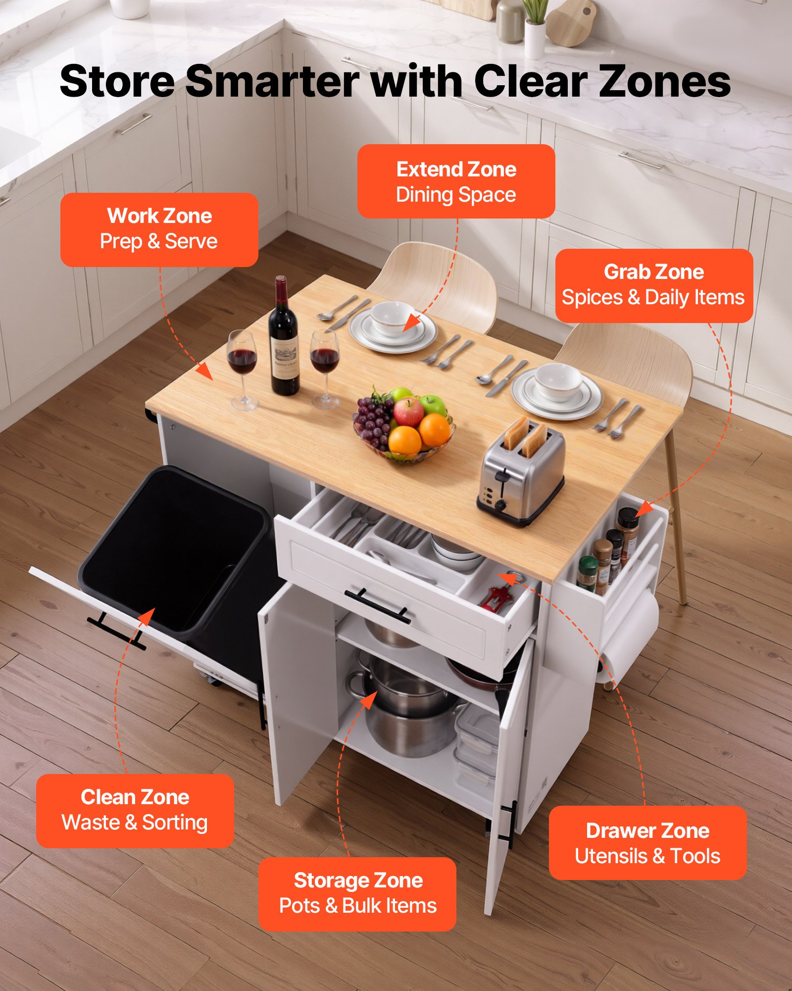 VEVOR Kitchen Island Cart with Storage, 46.06 in Wide Mobile Rolling Storage Island on Swivel Wheels, with Drawer, Storage Cabinet, Drop Leaf, Spice/Towel Rack, Table for Home Dining Room, White