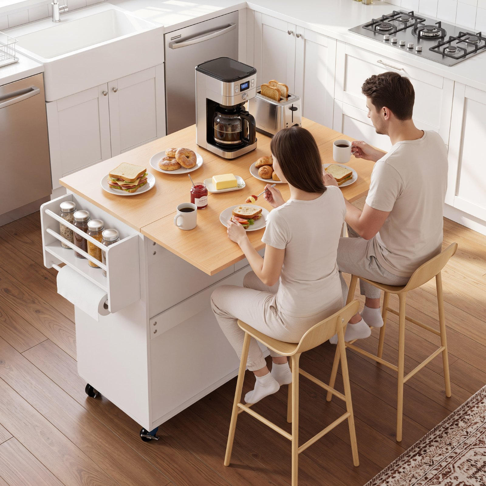 VEVOR Kitchen Island Cart with Storage, 46.06 in Wide Mobile Rolling Storage Island on Swivel Wheels, with Drawer, Storage Cabinet, Drop Leaf, Spice/Towel Rack, Table for Home Dining Room, White