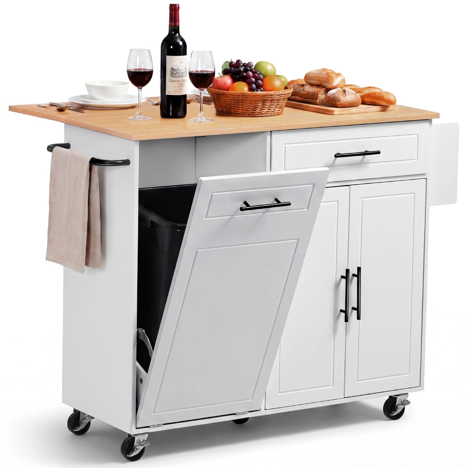 VEVOR Kitchen Island Cart with Storage, 46.06 in Wide Mobile Rolling Storage Island on Swivel Wheels, with Drawer, Storage Cabinet, Drop Leaf, Spice/Towel Rack, Table for Home Dining Room, White