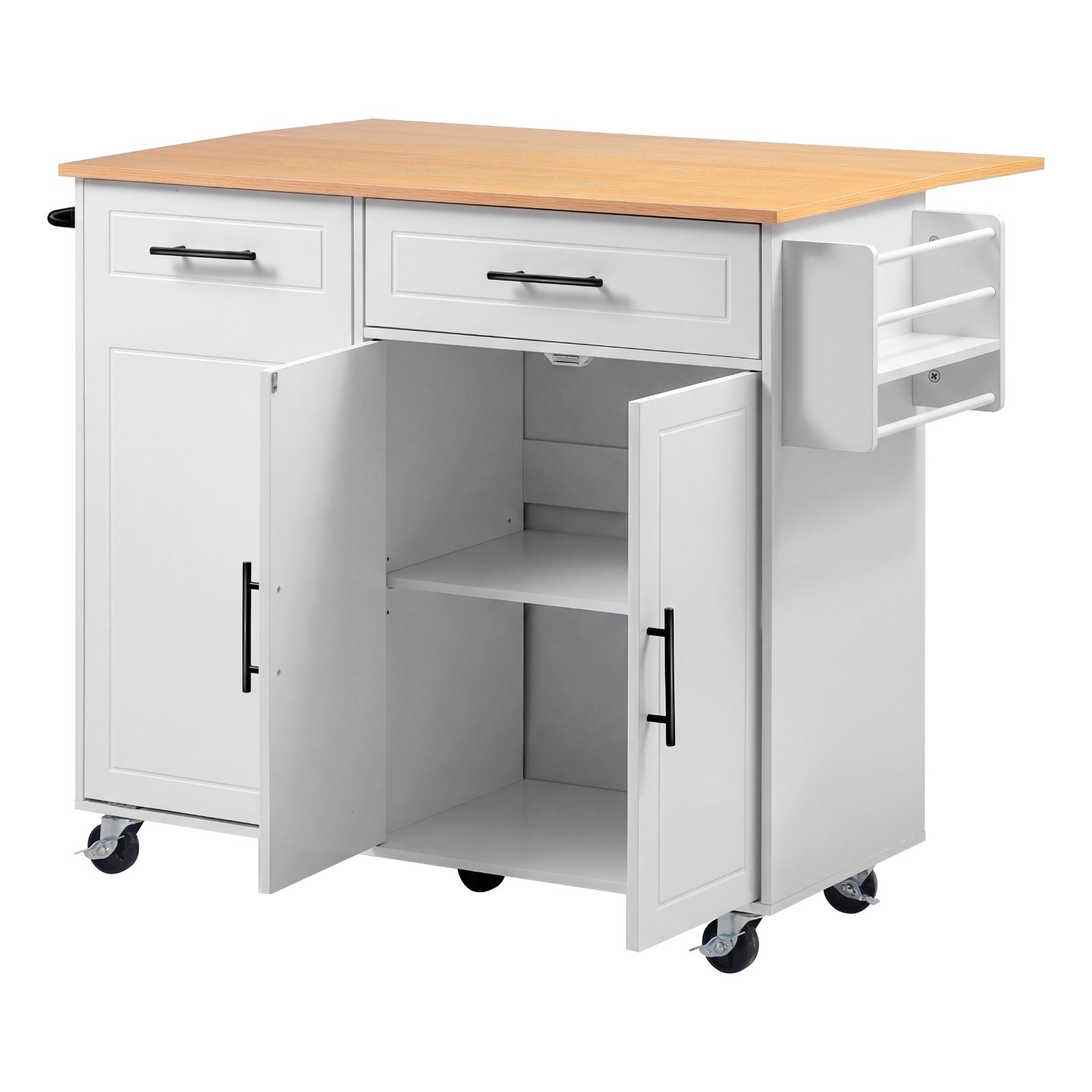 VEVOR Kitchen Island Cart with Storage, 46.06 in Wide Mobile Rolling Storage Island on Swivel Wheels, with Drawer, Storage Cabinet, Drop Leaf, Spice/Towel Rack, Table for Home Dining Room, White