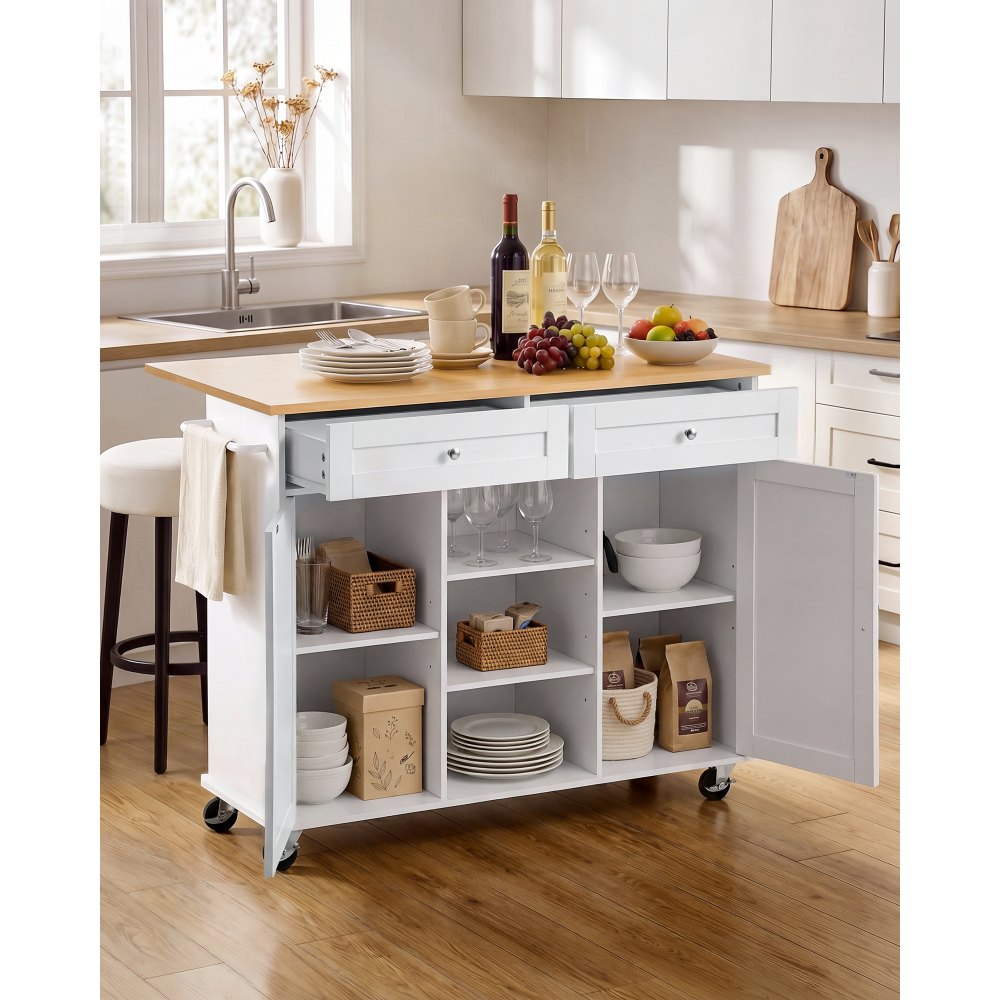VEVOR Kitchen Island Cart with Storage, 45.67 in Wide Mobile Rolling Storage Island on Swivel Wheels, with 2 Drawers, Storage Cabinet, Drop Leaf, Towel Rack, Table for Home Dining Room, White