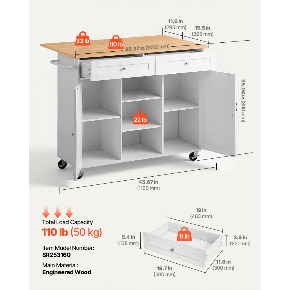VEVOR Kitchen Island Cart with Storage, 45.67 in Wide Mobile Rolling Storage Island on Swivel Wheels, with 2 Drawers, Storage Cabinet, Drop Leaf, Towel Rack, Table for Home Dining Room, White