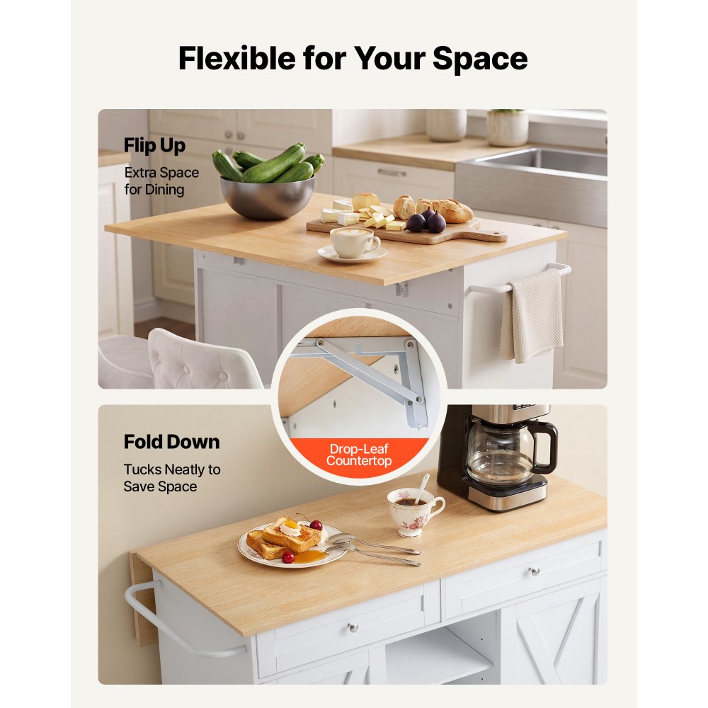 VEVOR Kitchen Island Cart with Storage, 45.67 in Wide Mobile Rolling Storage Island on Swivel Wheels, with 2 Drawers, Storage Cabinet, Drop Leaf, Towel Rack, Table for Home Dining Room, White