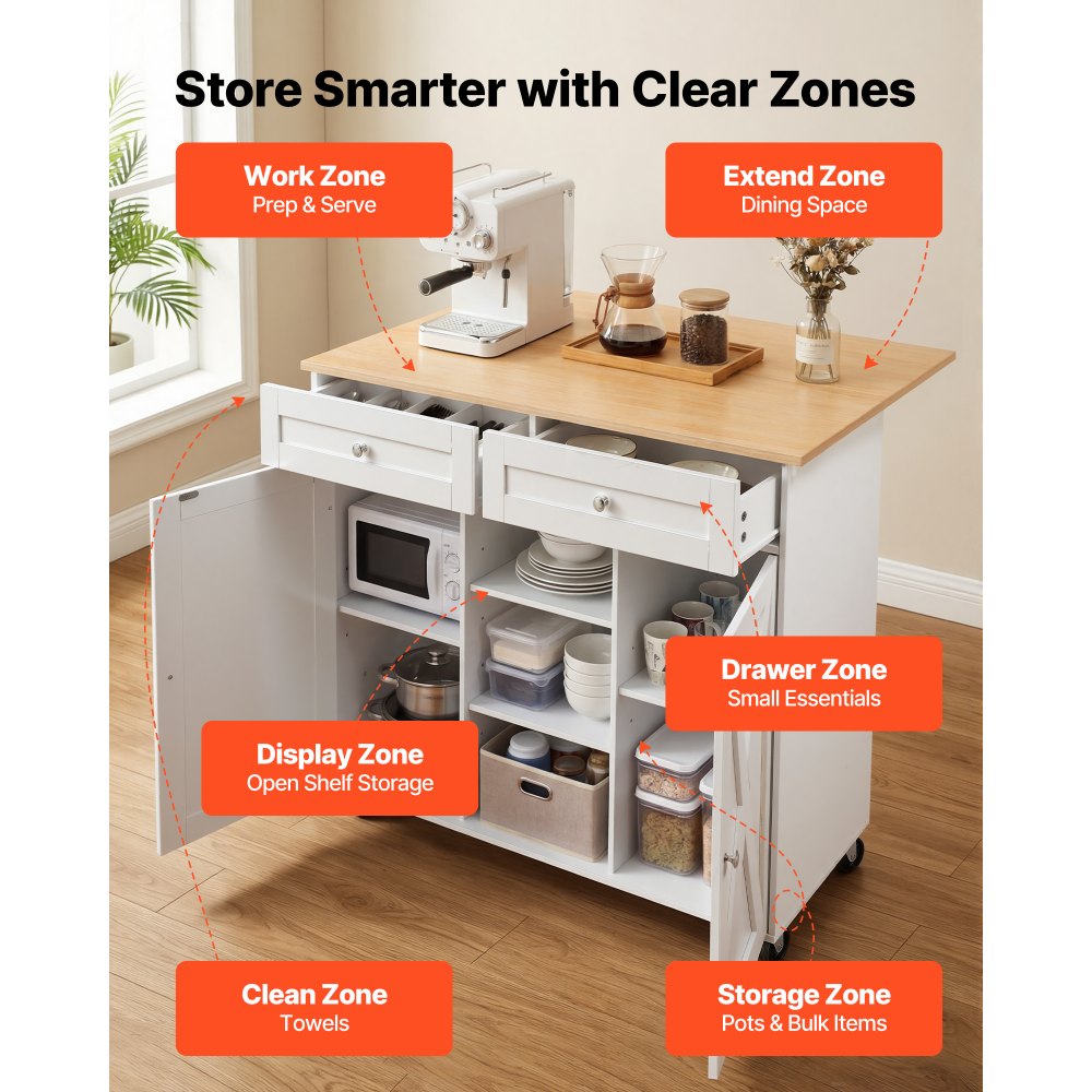 VEVOR Kitchen Island Cart with Storage, 45.67 in Wide Mobile Rolling Storage Island on Swivel Wheels, with 2 Drawers, Storage Cabinet, Drop Leaf, Towel Rack, Table for Home Dining Room, White
