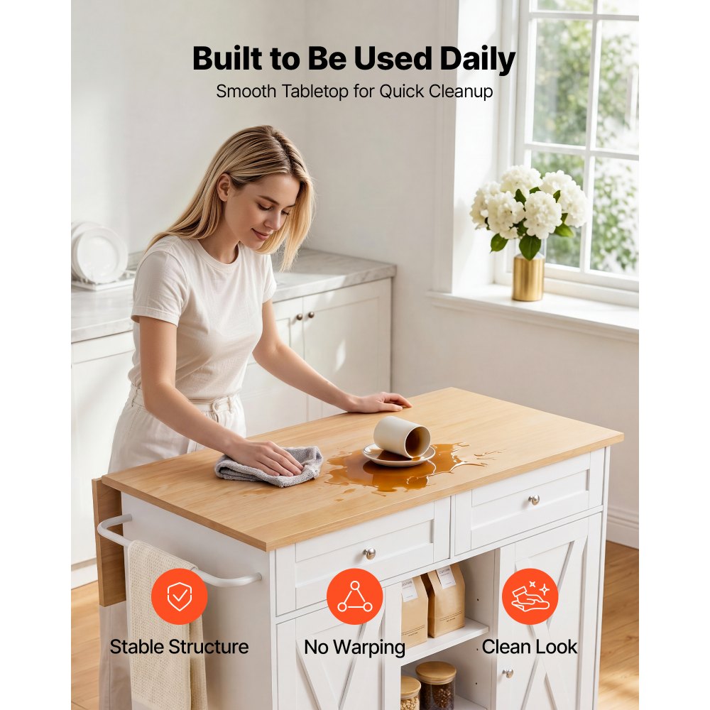 VEVOR Kitchen Island Cart with Storage, 45.67 in Wide Mobile Rolling Storage Island on Swivel Wheels, with 2 Drawers, Storage Cabinet, Drop Leaf, Towel Rack, Table for Home Dining Room, White