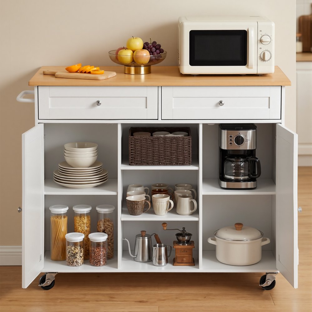 VEVOR Kitchen Island Cart with Storage, 45.67 in Wide Mobile Rolling Storage Island on Swivel Wheels, with 2 Drawers, Storage Cabinet, Drop Leaf, Towel Rack, Table for Home Dining Room, White