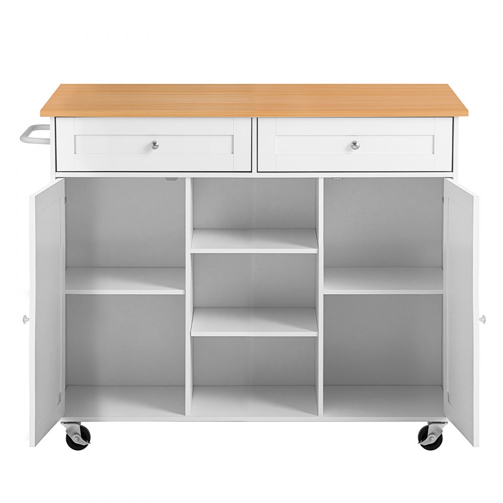 VEVOR Kitchen Island Cart with Storage, 45.67 in Wide Mobile Rolling Storage Island on Swivel Wheels, with 2 Drawers, Storage Cabinet, Drop Leaf, Towel Rack, Table for Home Dining Room, White