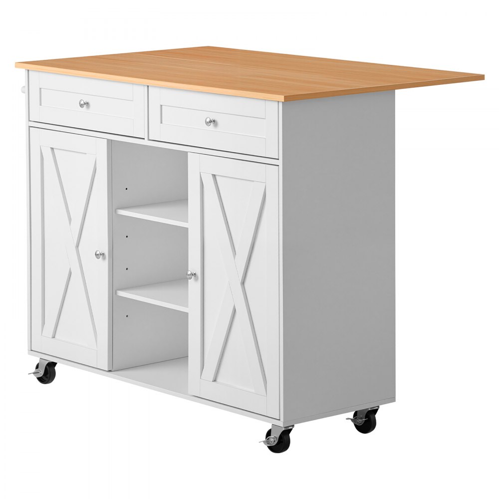 VEVOR Kitchen Island Cart with Storage, 45.67 in Wide Mobile Rolling Storage Island on Swivel Wheels, with 2 Drawers, Storage Cabinet, Drop Leaf, Towel Rack, Table for Home Dining Room, White